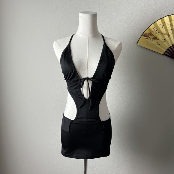 y2k vintage black cutout minimalist sexy bodycon halter club party mini dress - Picture 2 of 8